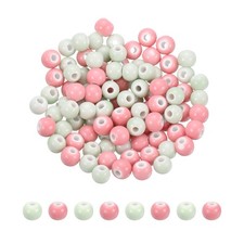 100Pcs 8mm Round Ceramic Porcelain Beads, Light Green/Pink
