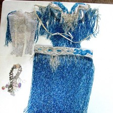 Professional Belly Dance Costume - Blue Long Beaded Fringe - Strapless Bra 34B/C