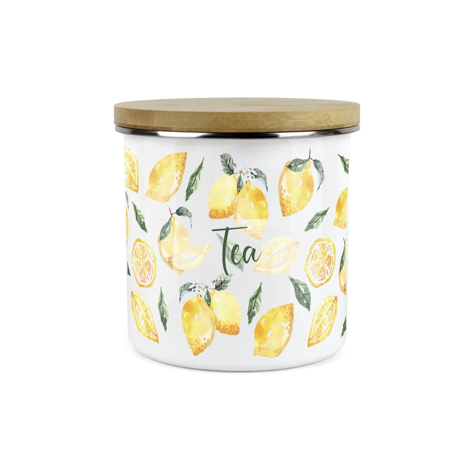 Tea Storage Canister - Watercolour Lemons Enamel Kitchen Storage Jar