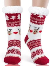 Womens Christmas Fuzzy Slipper Socks Warm Fleece Lined Non Slip Gripper Winter S