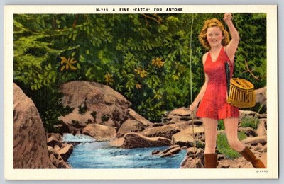 'Fine Catch' Fly Fishing Stream Red Dress Postcard Female Fishing Woman linen