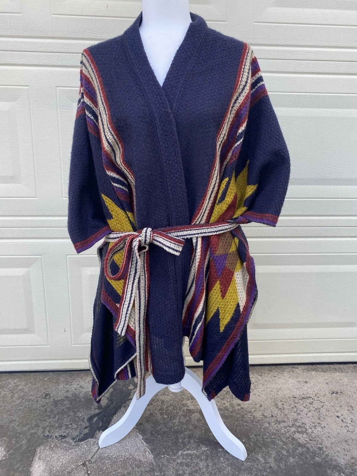Alberto Makali Navy Knit Sweater Cardigan Poncho Bohemian Aztec Size Medium M