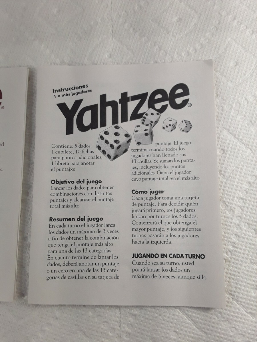 Yahtzee Instructions English and Spanish 1998