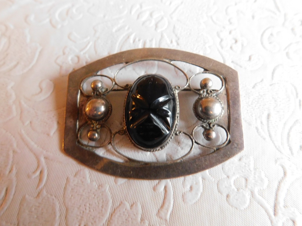アクセサリー vintage silver925 onyx brooch 925 Sterling Silver Black Onyx Brooch Marcasite Vintage