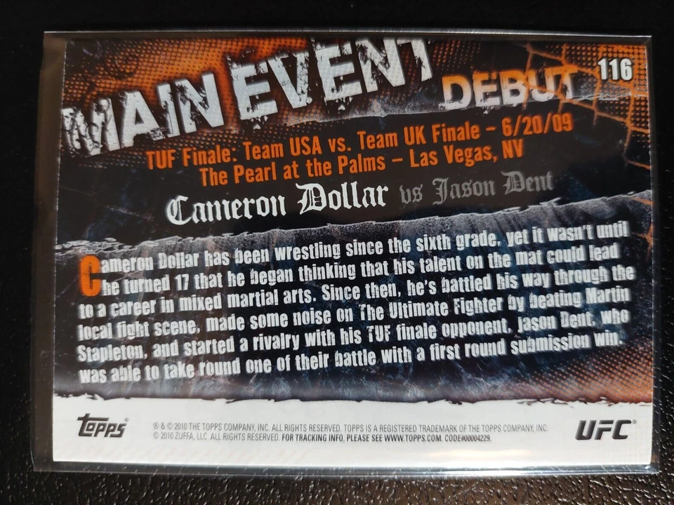 Cameron Dollar vs Jason Dent #116 2010 UFC Main Event Thick Gold Parallel - Image 2 of 2