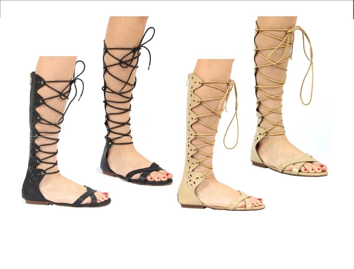 New Women Wrap Lace Up Gladiator Flat Knee High Sandal Open 