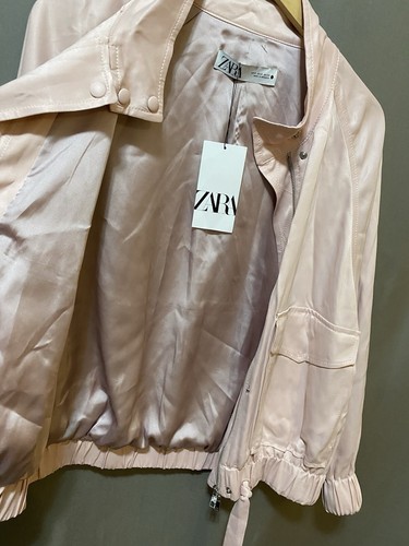 NWT ZARA Women Collared Elastic Cuff/Hem Full Zip Sateen Bomber Jacket SZ S Pink - Picture 10 of 16