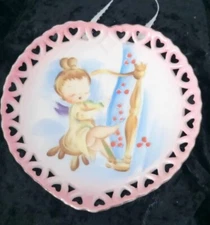 Vintage Hand Painted Porcelain Cherub Angel Harp Wall Hanging