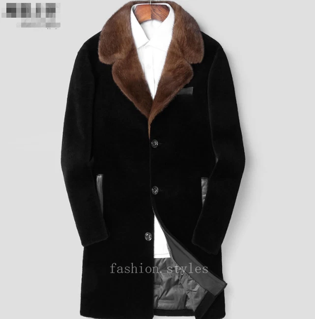 Men's Real Mink Fur Collar Jacket Shearling Lamb Fur Down Warm Parka Trench Coat - Image 3 of 4