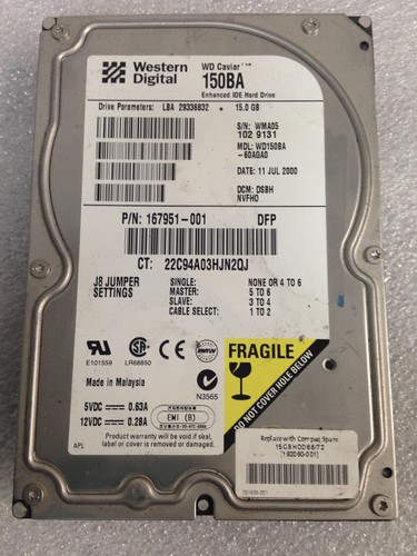 Western Digital WD150BA-60AGA0 15.0GB P/N 167951-001 IDE 3.5'' Hard DriveTested - Picture 2 of 4