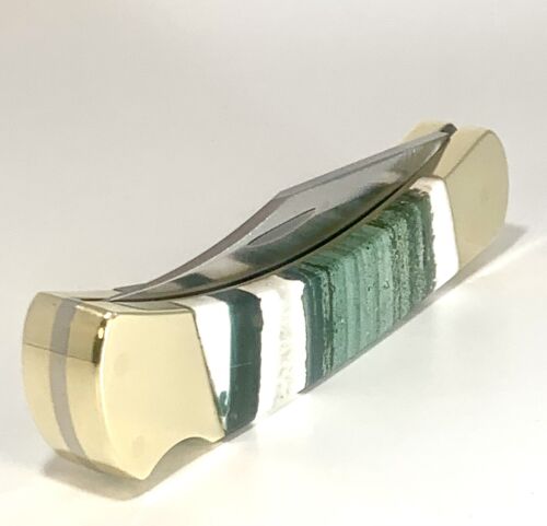 VTG 1981-1986 BUCK 110 4-DOT KNIFE WITH CUSTOM GREEN ZEBRA JASPER STONE HANDLES!