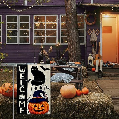 Halloween Ghost Cat Boo Garden Flag, 11.8x17.7in Double Sided Burlap Halloween - Bild 6 von 6