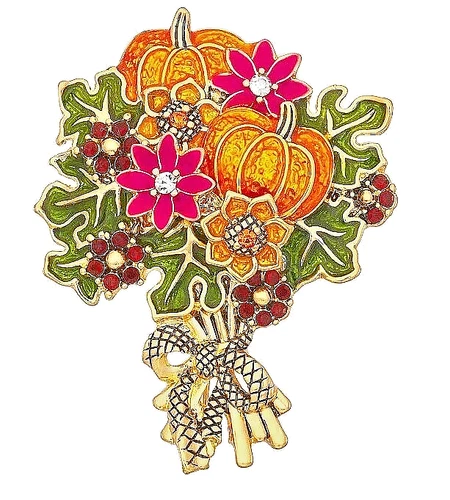 Napier Autumn Bouquet Pin Brooch Flowers Pumpkin Crystals Enamel w Box NEW Fall