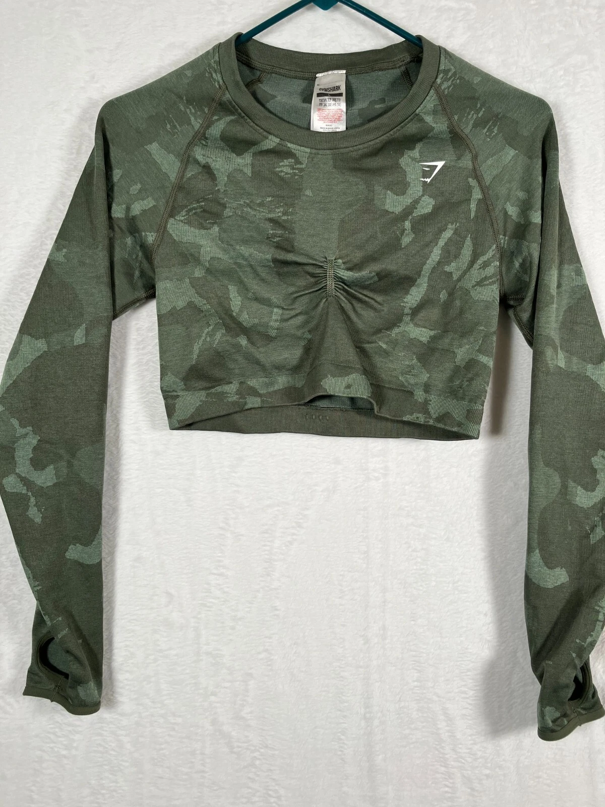 gymshark camo crop long sleeve ruched training stretch knit shirt