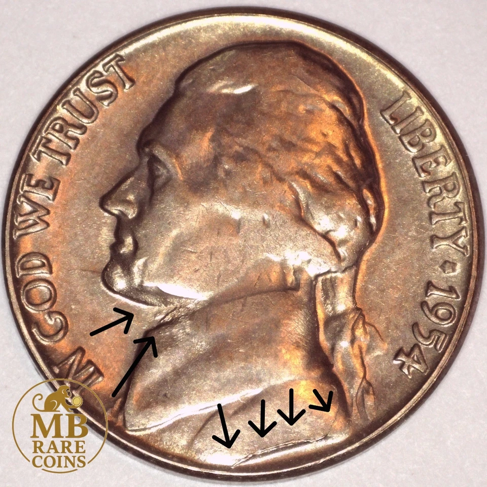 1954 S Jefferson Nickel - Multi Error + 1 Sintered Planchet - Die Pair Error Lot - Image 4 of 4