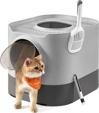 XL Cat Litter Box with Lid, Slide-Out Tray, Scoop, Dove Gray and Slat Gray