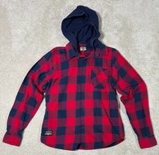 Four Star Ishod Hooded Shirt Mens Small Red Blue Plaid Flannel Long Sleeve
