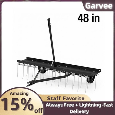 #ad 48 Inch Lawn Sweeper Rake Tow Behind Dethatcher 24 Tines ATV Mower Gloves $93.17