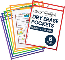 - 6 Pack, Assorted Colors Dry Erase Pockets, 10" W X 13.5" T