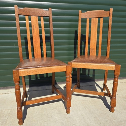 Pair of Vintage 1950s Oak High Back Side Dining Chairs Vinyl Seats - Picture 2 of 21