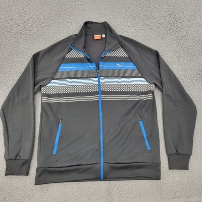 Puma Track Jacket Mens Large Gray Striped Embroidery Full Zip Pockets