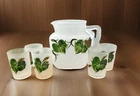 6 Pc Vtg Federal Glass Frosted Green Ivy Square Pitcher & Juice Glasses Tumblers