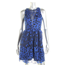 AQUA ~ Black & Blue Embroidered Illusion Fit & Flare Party Dress 2 NEW $238