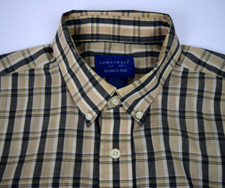 Vintage Plaid Shirt Size L Tall 80s Towncraft Black Stripe Tan Plaid Grunge