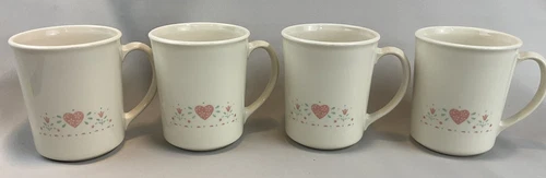 Set of 4 Vintage Corning Ware FOREVER YOURS Coffee Mugs Cups Pink Heart MINT