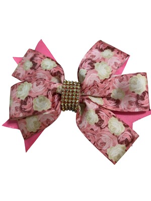 Floral Hair Bow Clip Rhinestone Center Pink Cream Rose Pattern Grosgrain Ribbon