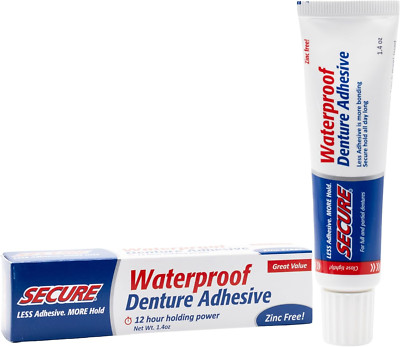 Secure Waterproof Denture Adhesive   Zinc-Free, Extra Strong Hold for Upper, Low