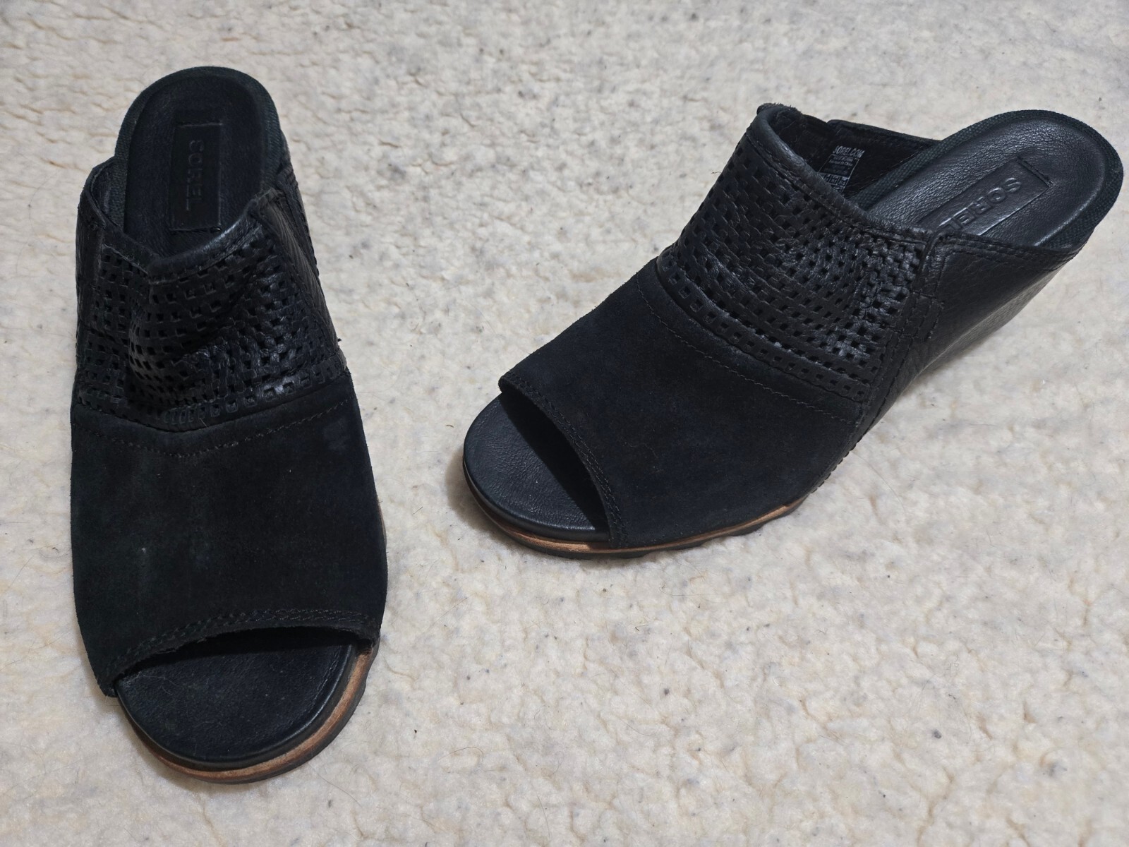 Sorel Joanie Black Leather Suede Slip On Slide Mule Wedge Sandals Size 8.5