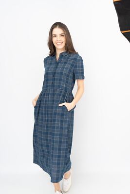 Seasalt Damen Kleid Midi Marine Flotte Kariert Dunkel Nacht Taschen Baumwolle Größe 16