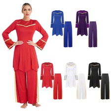 Womens Dance Outfit Tunic 2pcs Pants Dress Shiny Gowns Praise Praisewear Prayer