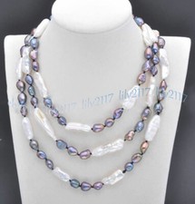 Real Natural 9-10mm Black Baroque White Biwa Freshwater Pearl Necklace 36-72''