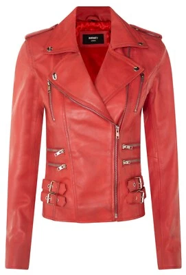INFINITY LEATHER Ladies Leather Biker Jacket Red Real Lamb Nappa Moto Gothic Buckle Jacket