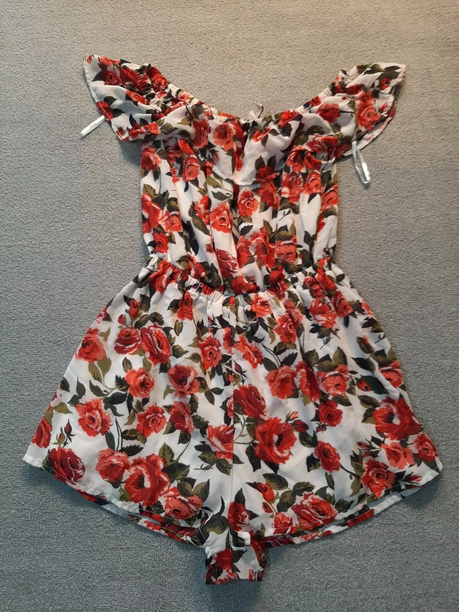 Divided by H M Women s Size 2 Floral Romper Sleeveless White Red Roses