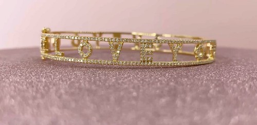 Diamond LOVE YOU Inscribed Letters Bangle 14K Yellow Gold Bracelet Round Cut - Picture 2 of 5