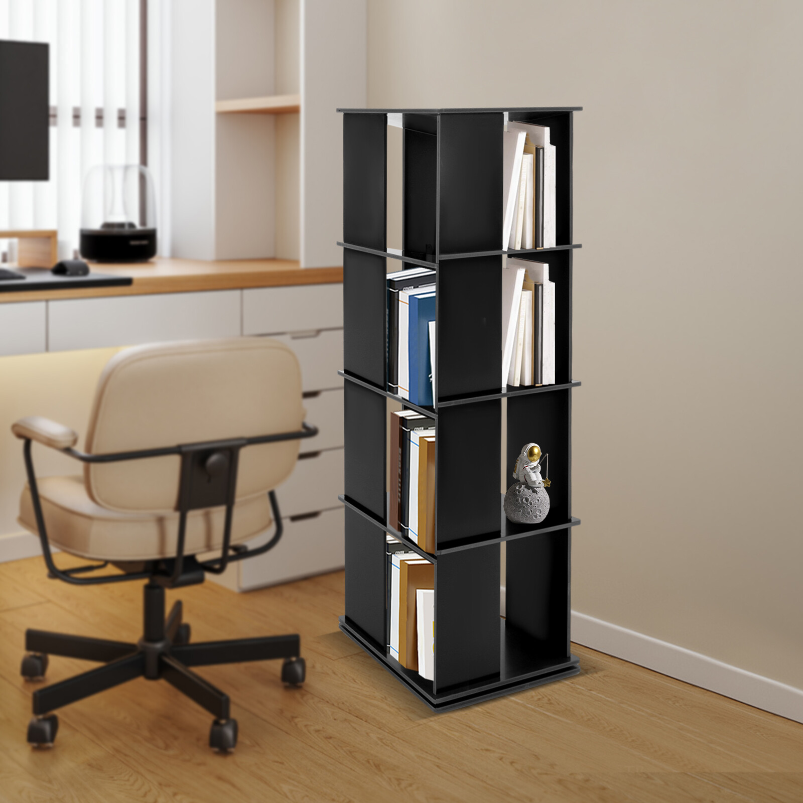 360-Degree Rotating Black Bookcase Shelf Freestanding Display Storage Rack