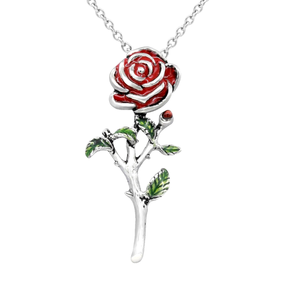 Rose Pendant Necklace Long Stem with red Epoxy Stainless Steel