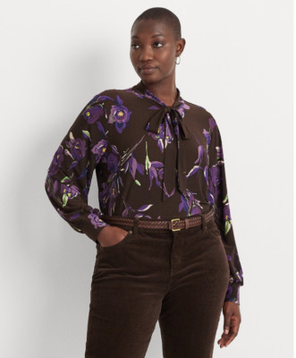 Lauren Ralph Lauren Women Floral Tie Neck Stretch Jersey Top Multi Plus Size 1X