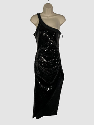 david koma black sequin dress $2180 David Koma Women's Black Side-Slit Asymmetric Sequin Dress Size 10