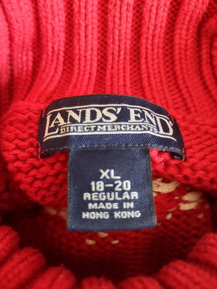 Lands End XL Red Fair Isle Turtleneck Cableknit Reindeer Xmas holidays Sweater  - Image 2 of 4