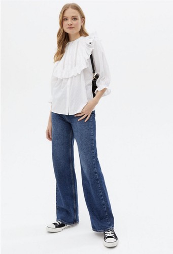 NEW LOOK White Embroidered Lace Frill Yoke 3/4 Sleeve Shirt Top UK10 EU38 - Picture 3 of 12