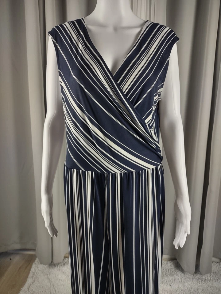 Mono Emma & Michele Azul Blanco Rayas Jersey Cuello en V Pierna Ancha Talla Grande Foto 3 de 4