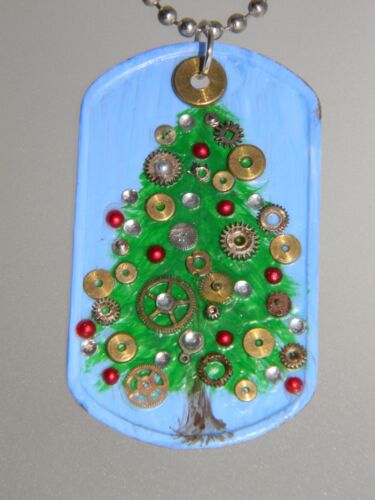 Collier pendentif arbre de Noël steampunk engrenages rouages horloge Dog Tag D182 - Photo 1 sur 10