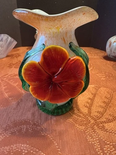 Vintage MCM Murano style VASE Art Blown Glass Raised Floral Design ITALY 6” RARE