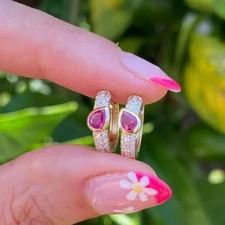 2Ct Pear Cut Lab Created Pink Ruby Huggie Hoop Earrings 14K Yellow Gold Plated
