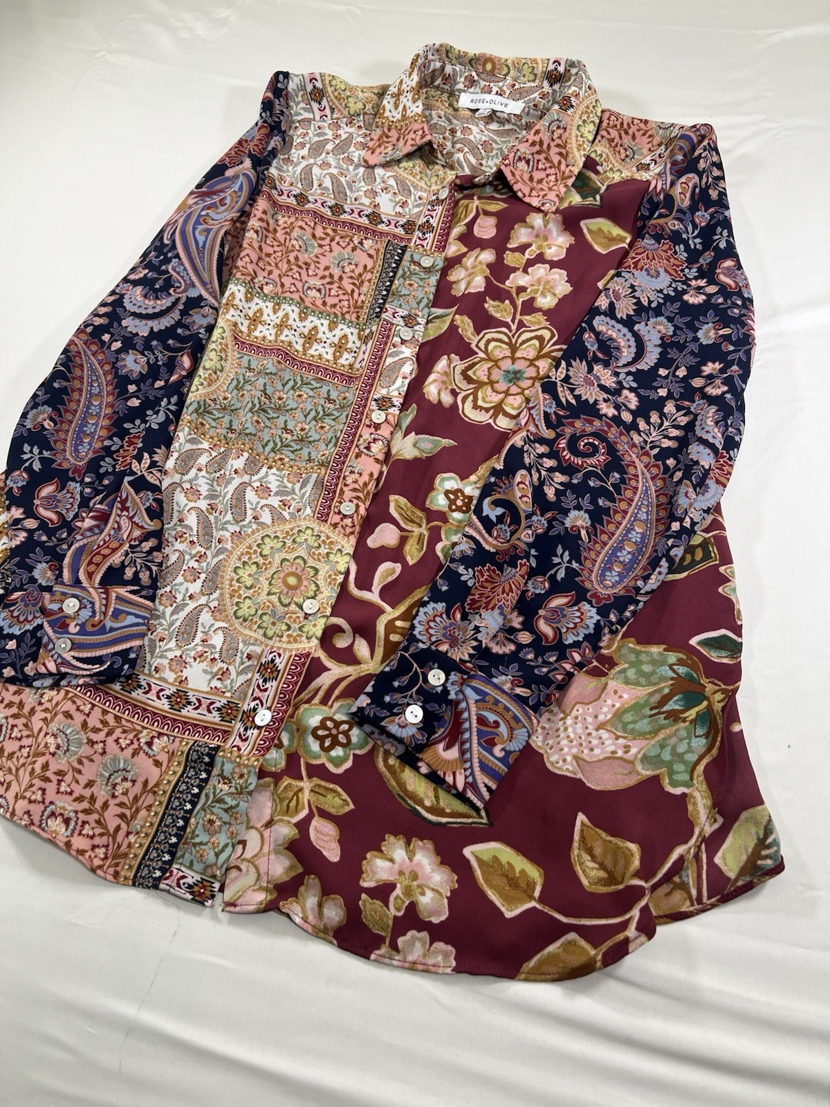 Rose + Olive patchwork-inspired button-up shirt S… - image 2