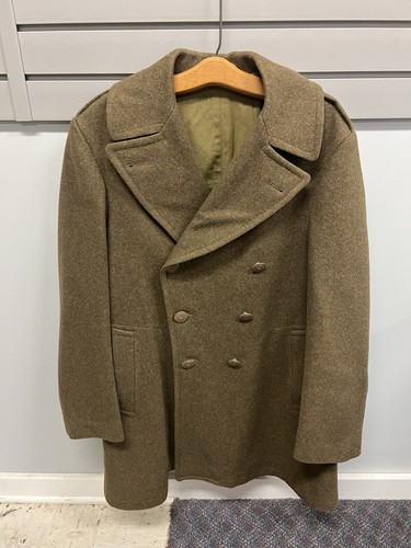 Vintage Military Wool Coat Mens 40L army Double Breasted green Overcoat WWII 40s